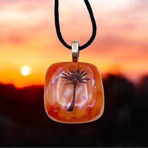 Boho Vintage Art Glass Pendant Necklace With Palm Tree